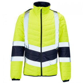 The Cottonmount Hi-Vis Reflective 2-Tone Puffer Jacket in Yellow/Navy is designed for safety with its bright yellow color, featuring reflective silver and black stripes, a stand-up collar, and zipped pockets for added convenience.