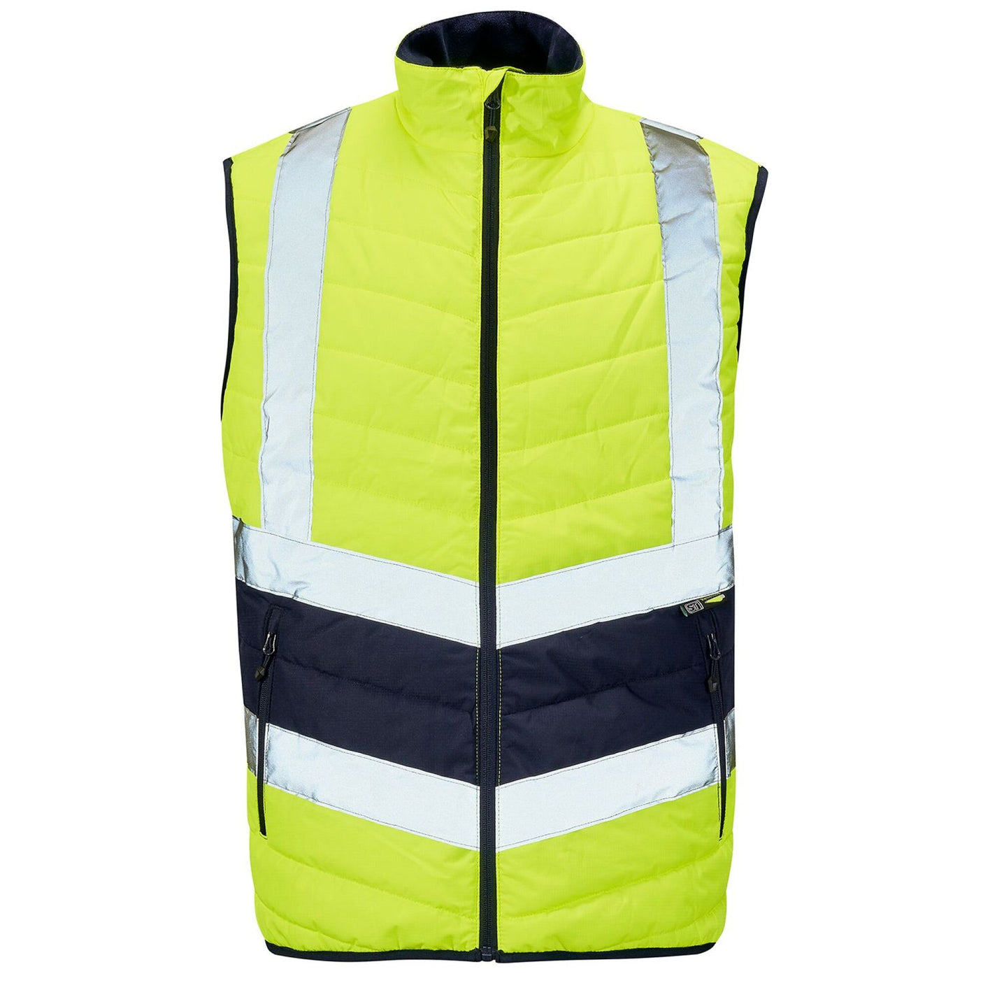 Introducing the Cottonmount Hi-Vis Reflective 2-Tone Puffer Bodywarmer in Yellow/Navy. This all-season bodywarmer features a contemporary fit, high-visibility yellow with navy accents, reflective strips, and a zippered front closure. It is designed to be both lightweight and warm for any weather condition.