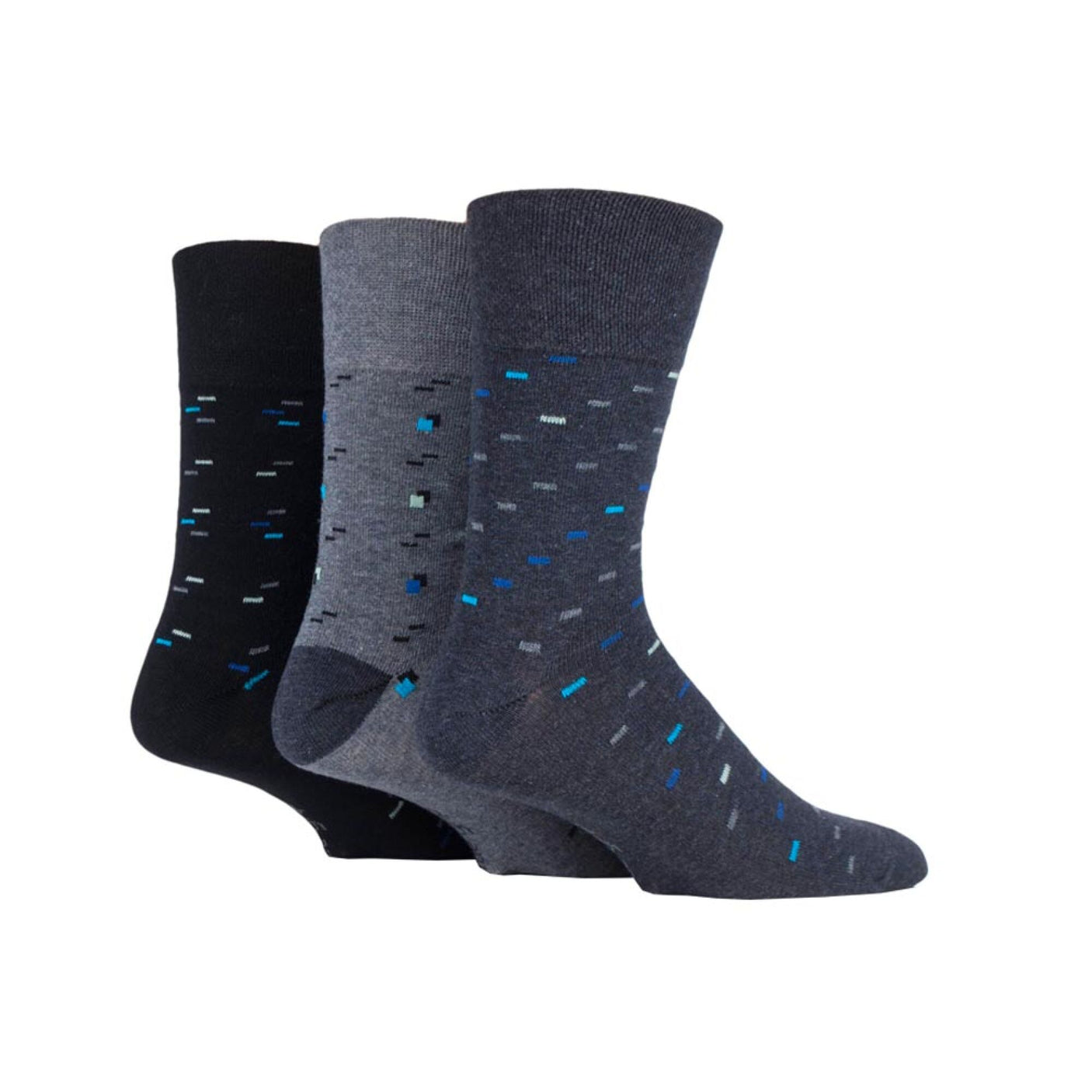 Three pairs of socks from the Cottonmount Gentle Grip Sock 3 Pack in black, mid-grey, and charcoal, featuring small rectangular patterns in blue, white, and light blue.