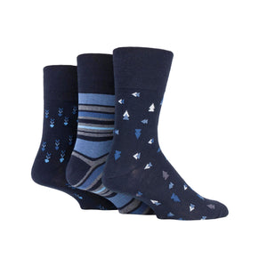 Three pairs of Gentle Grip socks in navy blue from Cottonmount: one featuring small arrow patterns, one adorned with horizontal stripes, and one decorated with small tree patterns.