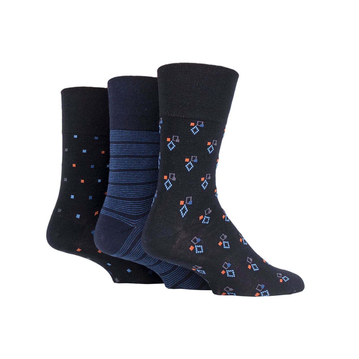 Product description for a pack of three Gentle Grip men's socks by Cottonmount, available in black and navy tones. Each pair features distinct patterns: one with dots and diamonds, another with horizontal stripes, and the last with a simple design. 