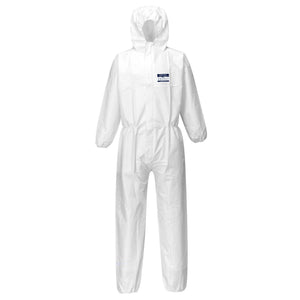 The Cottonmount Disposable Coverall White, featuring a hood along with elastic wrists and ankles, is displayed against a plain background, providing dependable disposable protection.