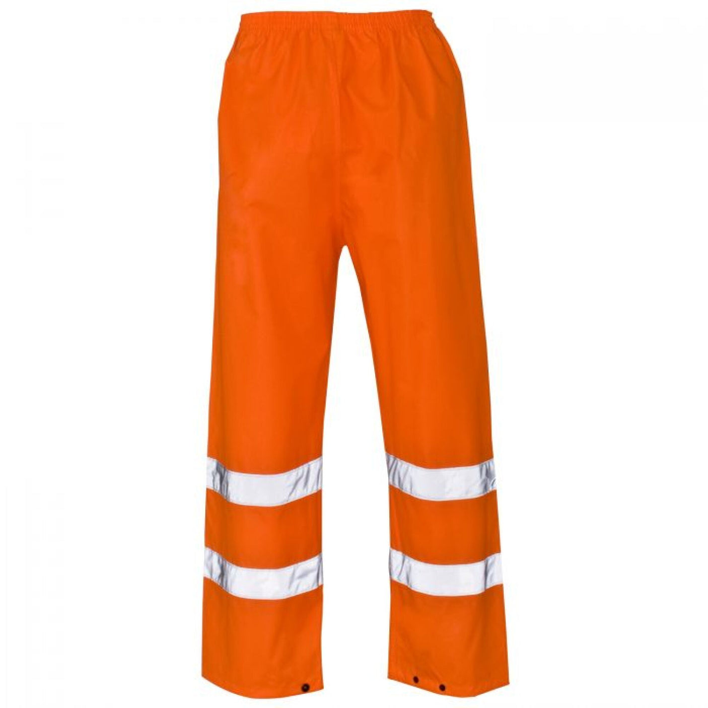 Cottonmount's Hi-Vis Reflective Waterproof Trousers in orange, made from durable 300D Oxford PU fabric, feature an elasticated waist and dual white reflective stripes around each leg.