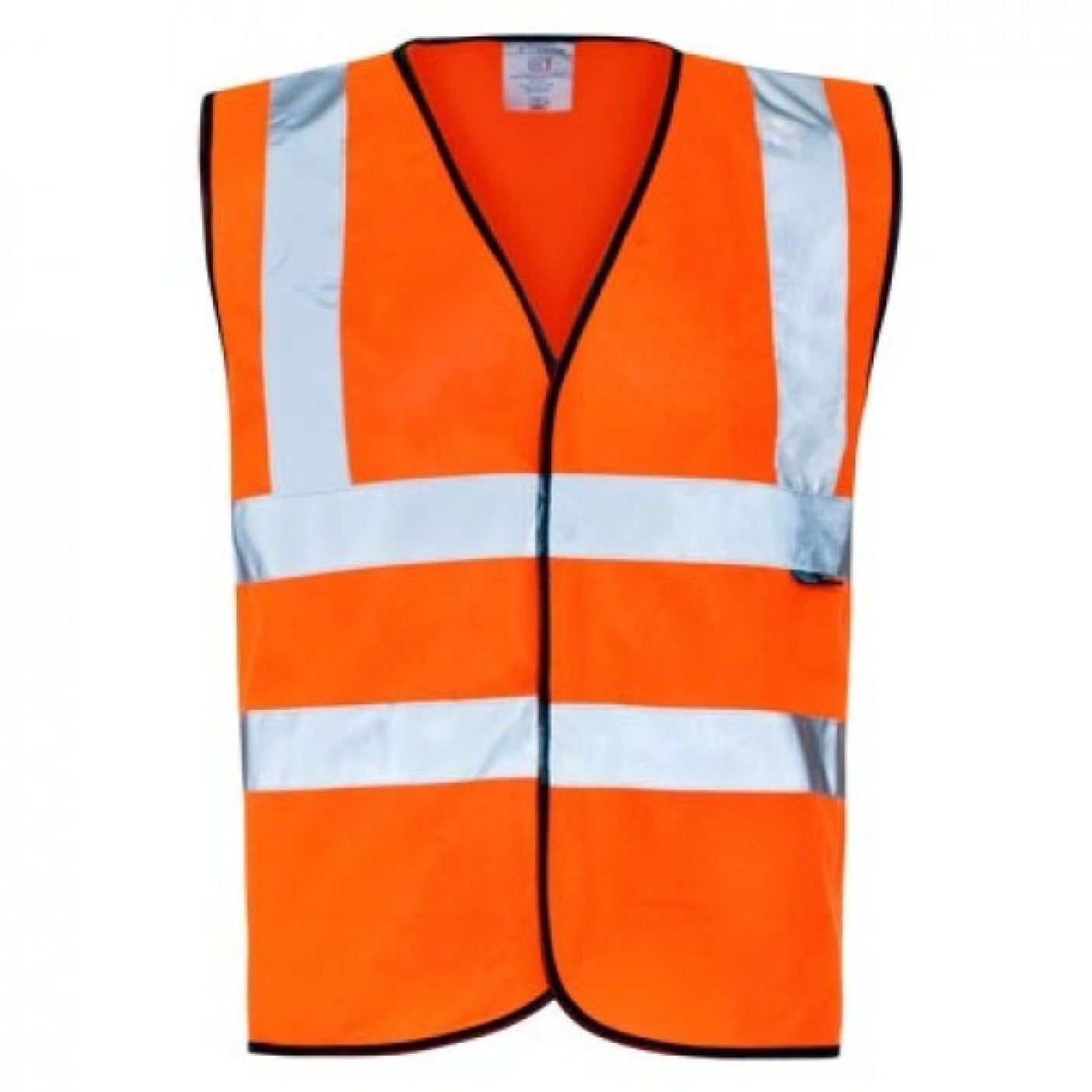 A Hi-Vis Reflective Vest in Orange by Cottonmount, featuring horizontal and vertical silver strips and made from 100% Polyester Fabric, is displayed against a white background.