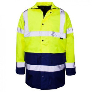 The Cottonmount Hi-Vis Reflective 2-Tone Parka Jacket in Yellow/Navy is a high-visibility, weatherproof parka featuring bright yellow and navy colors with reflective strips on the torso, arms, and shoulders. This safety jacket has a front closure with snaps and a durable polyester quilted lining for added warmth.