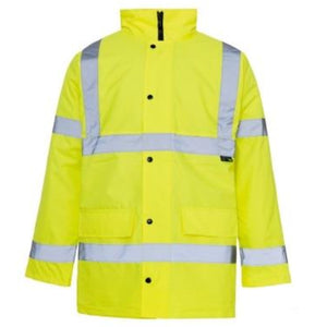 The Cottonmount Hi-Vis Reflective Parka Jacket Yellow ensures both safety and comfort. This bright yellow high-visibility jacket features reflective silver stripes on the sleeves, chest, and waist. It has a zip and snap closure, two front pockets for convenience, and a high collar for added protection.