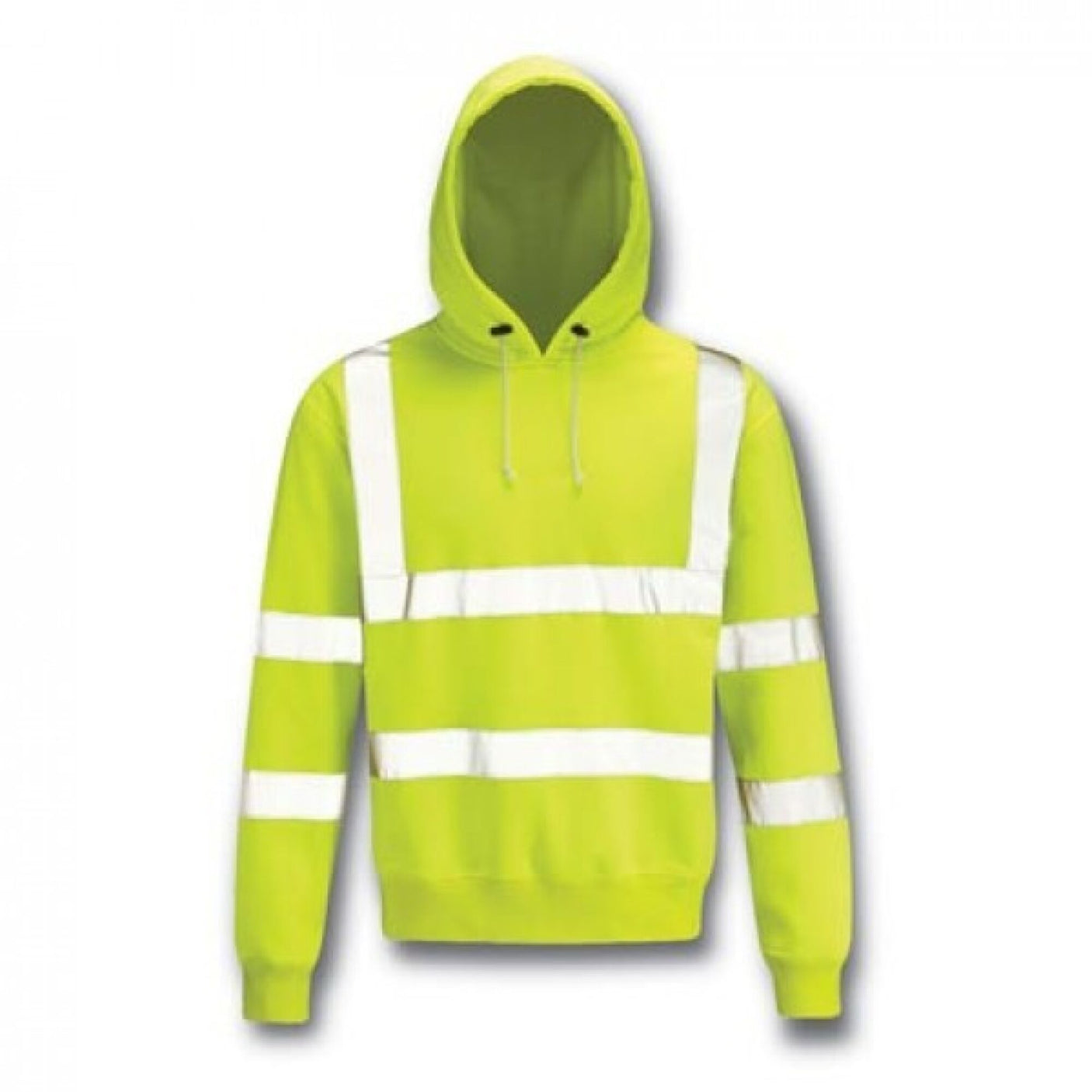 The Cottonmount Hi-Vis Reflective Hooded Sweatshirt Yellow features bright yellow fabric with reflective white stripes on the sleeves, chest, and waist. This Class 3 high visibility hoodie includes a front pocket and drawstrings, crafted from durable polyester material. It's perfect for ensuring safety while maintaining comfort and style.