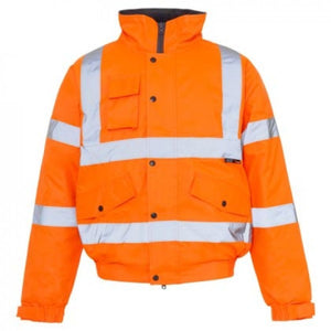 The Cottonmount Hi-Vis Reflective Bomber Jacket Orange features bright orange fabric with reflective silver stripes on the chest, shoulders, and arms. Designed for safety and durability, it includes multiple pockets and a black zipper front with a snap-button closure.