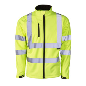 The Cottonmount Hi-Vis Reflective Softshell Jacket in yellow features silver stripes, a zippered front, and a chest pocket.