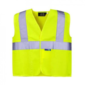 A Hi-Vis Reflective Junior Vest Yellow from Cottonmount, featuring reflective silver strips across the chest and shoulders, ensuring enhanced visibility for children's hi-vis protection.