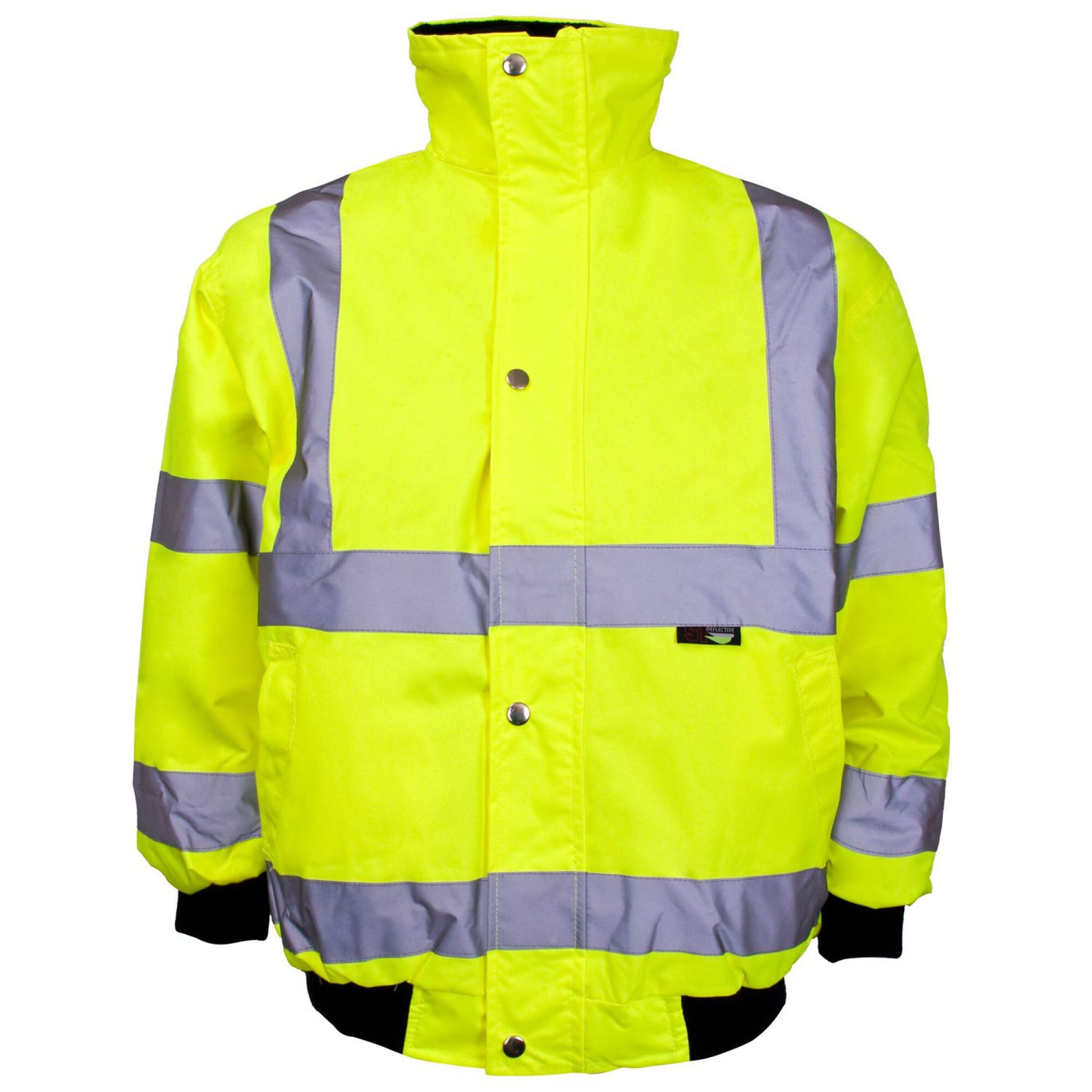 The Hi-Vis Reflective Junior Bomber Jacket Yellow by Cottonmount is a neon yellow, high-visibility safety jacket featuring reflective silver stripes across the chest, back, and arms. It comes with a heavy-duty zip and has stitched and taped seams for durability.