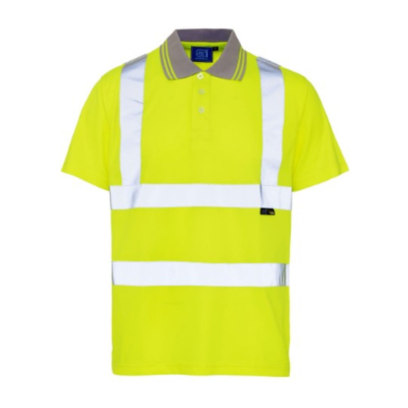 The Cottonmount Hi-Vis Reflective Polo Shirt in Yellow features short sleeves, 100% polyester fabric, reflective silver strips, a gray collar, and offers a UPF 40+ rating for added sun protection.