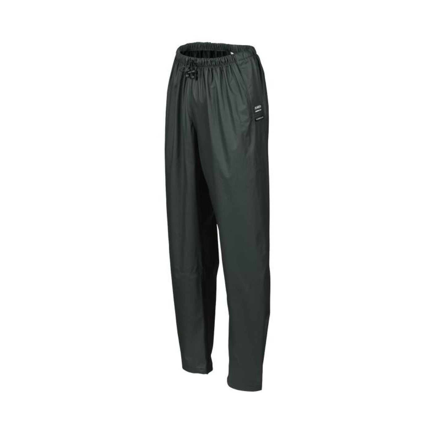 A pair of dark green, loose-fitting Swampmaster No-Sweat Stormgear Waterproof Trousers from Cottonmount, featuring an elastic waistband and a small logo on the upper left side.