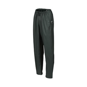 A pair of dark green, loose-fitting Swampmaster No-Sweat Stormgear Waterproof Trousers from Cottonmount, featuring an elastic waistband and a small logo on the upper left side.