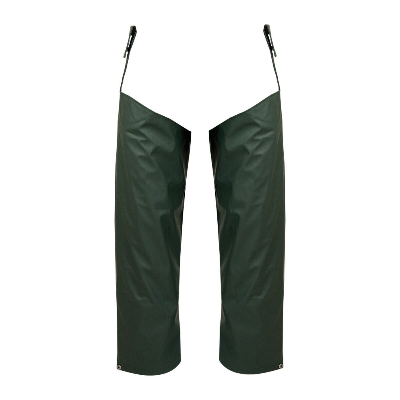 A pair of Swampmaster No-Sweat Stormgear Waterproof Split Leggings Green by Cottonmount, featuring breathable fabric with adjustable straps and buckles at the waist. Perfect for any Stormgear Split Leggings collection.