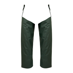 A pair of Swampmaster No-Sweat Stormgear Waterproof Split Leggings Green by Cottonmount, featuring breathable fabric with adjustable straps and buckles at the waist. Perfect for any Stormgear Split Leggings collection.