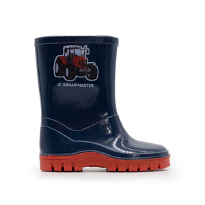 The Cottonmount Swampmaster Junior Tractor Wellington Boot in Navy/Red is a children's rain boot featuring a vibrant red sole and an adorable sticker of a red tractor on the side. These waterproof wellies are perfect for outdoor fun, keeping little feet both dry and stylish.