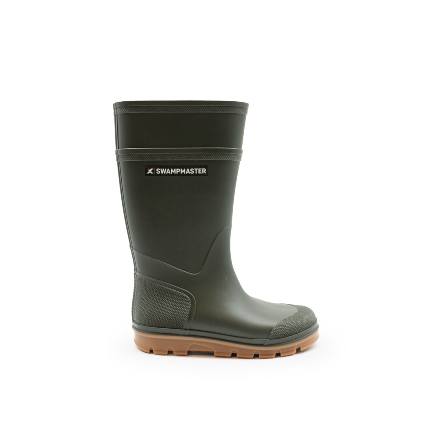 The Cottonmount Swampmaster Stampede Junior Wellington in Green, featuring a textured sole and reinforced toe, is perfect as black high-boots. Ideal for kids' adventures needing waterproof protection.