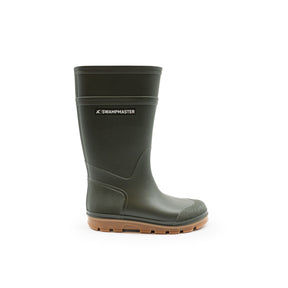 The Cottonmount Swampmaster Stampede Junior Wellington in Green, featuring a textured sole and reinforced toe, is perfect as black high-boots. Ideal for kids' adventures needing waterproof protection.
