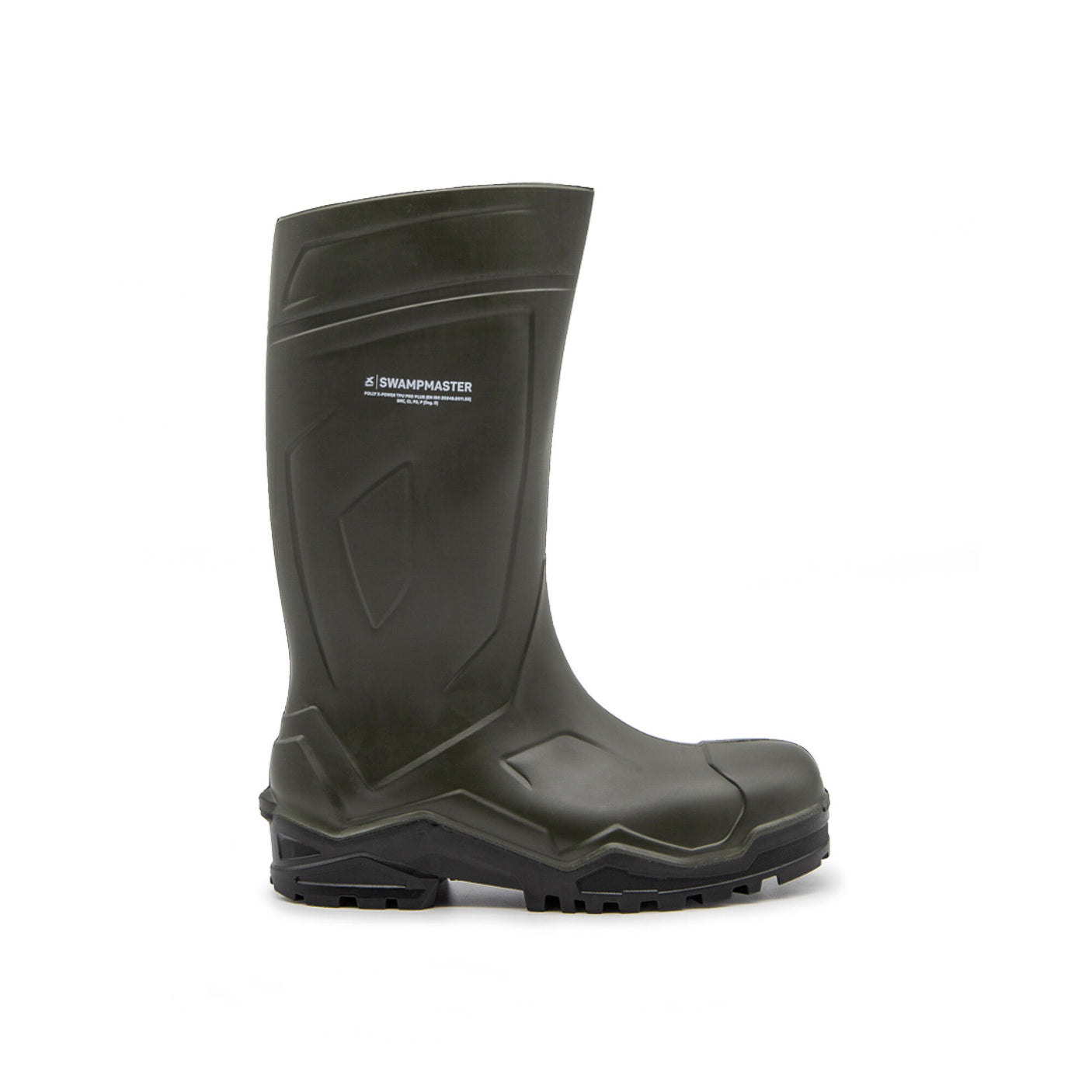 A single dark green Swampmaster Pro Defender+ S5 Safety Wellington boot by Cottonmount, featuring a thick sole and mid-calf height for rugged outdoor use. Designed with a composite toecap for added protection, the boot is displayed on a plain white background.