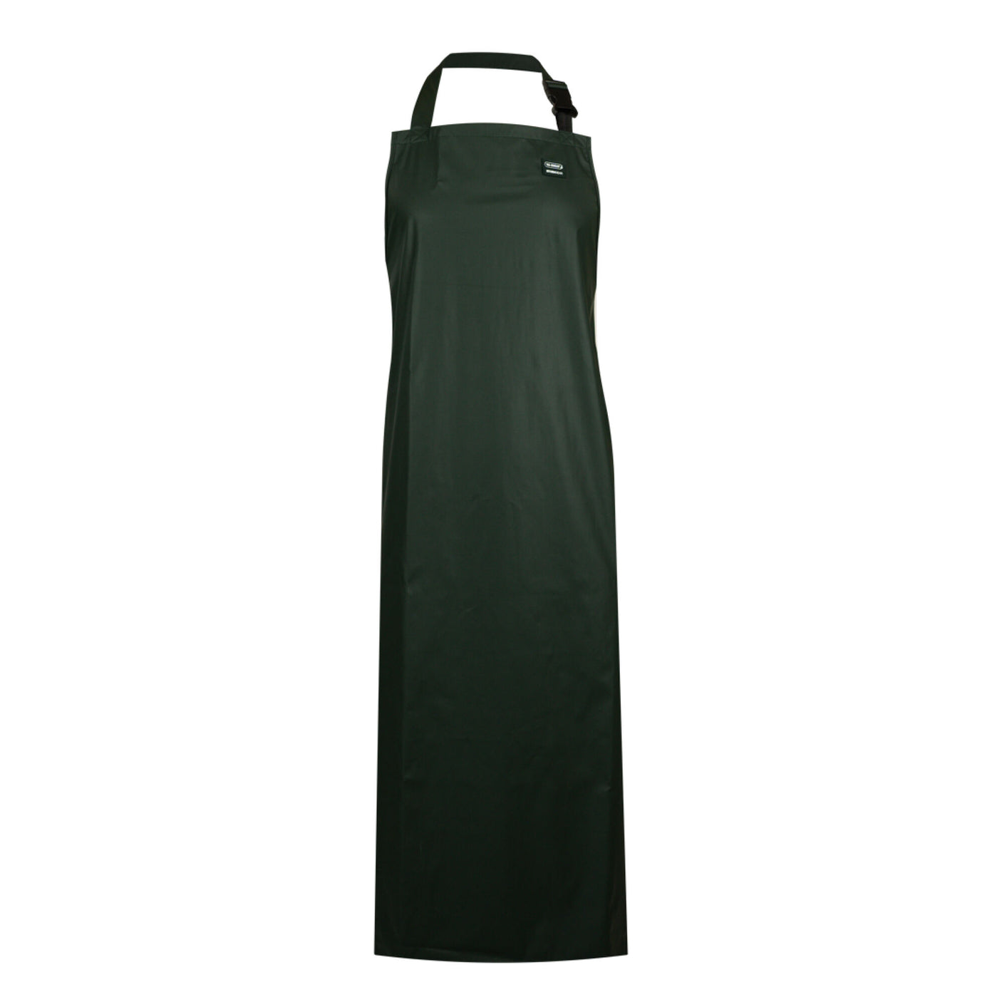 A full-length, dark green apron from Cottonmount's Swampmaster No-Sweat Stormgear line, featuring waterproof fabric, a neck strap, and a small black tag near the neckline.