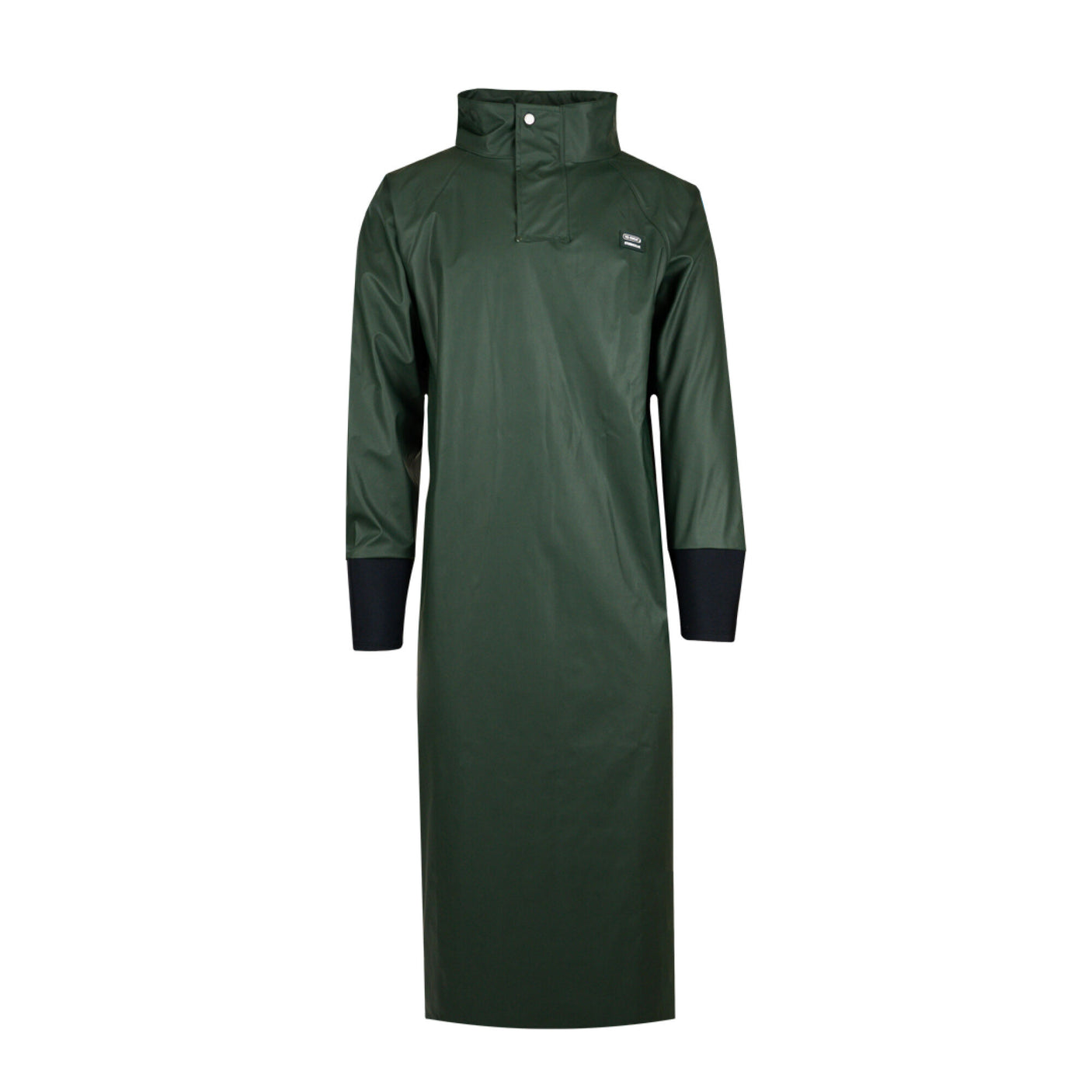 Introducing the Swampmaster No-Sweat Stormgear Waterproof Dairy Gown Green by Cottonmount: This dark green, long raincoat features black cuffs and a high collar. Designed for veterinary parturition work, it has snap buttons at the neck and a discreet logo on the chest.