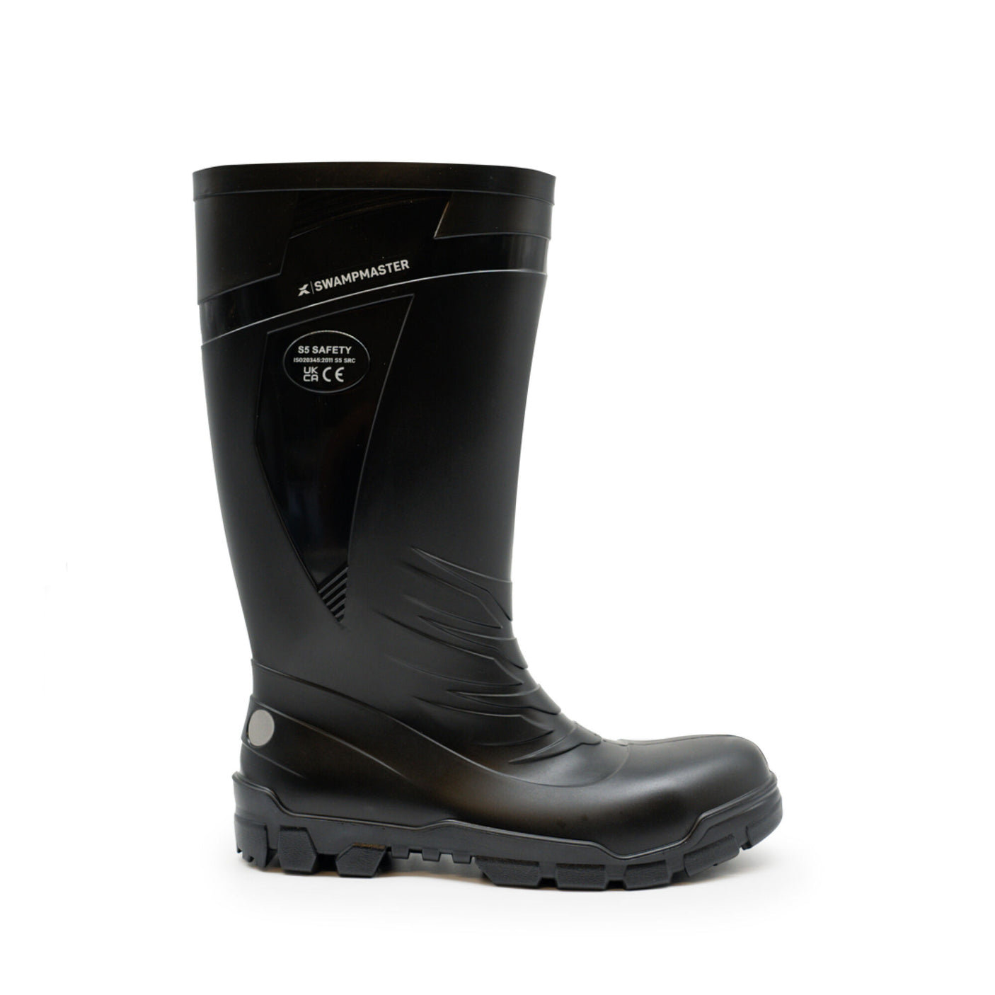 The Cottonmount Swampmaster Titan S5 Safety PVC Wellington in black is a heavy-duty rubber boot with a reinforced toe and heel, featuring visible "Swampmaster" branding and safety markings on the side. These boots are designed to be waterproof and have a slip-resistant outsole for enhanced stability.