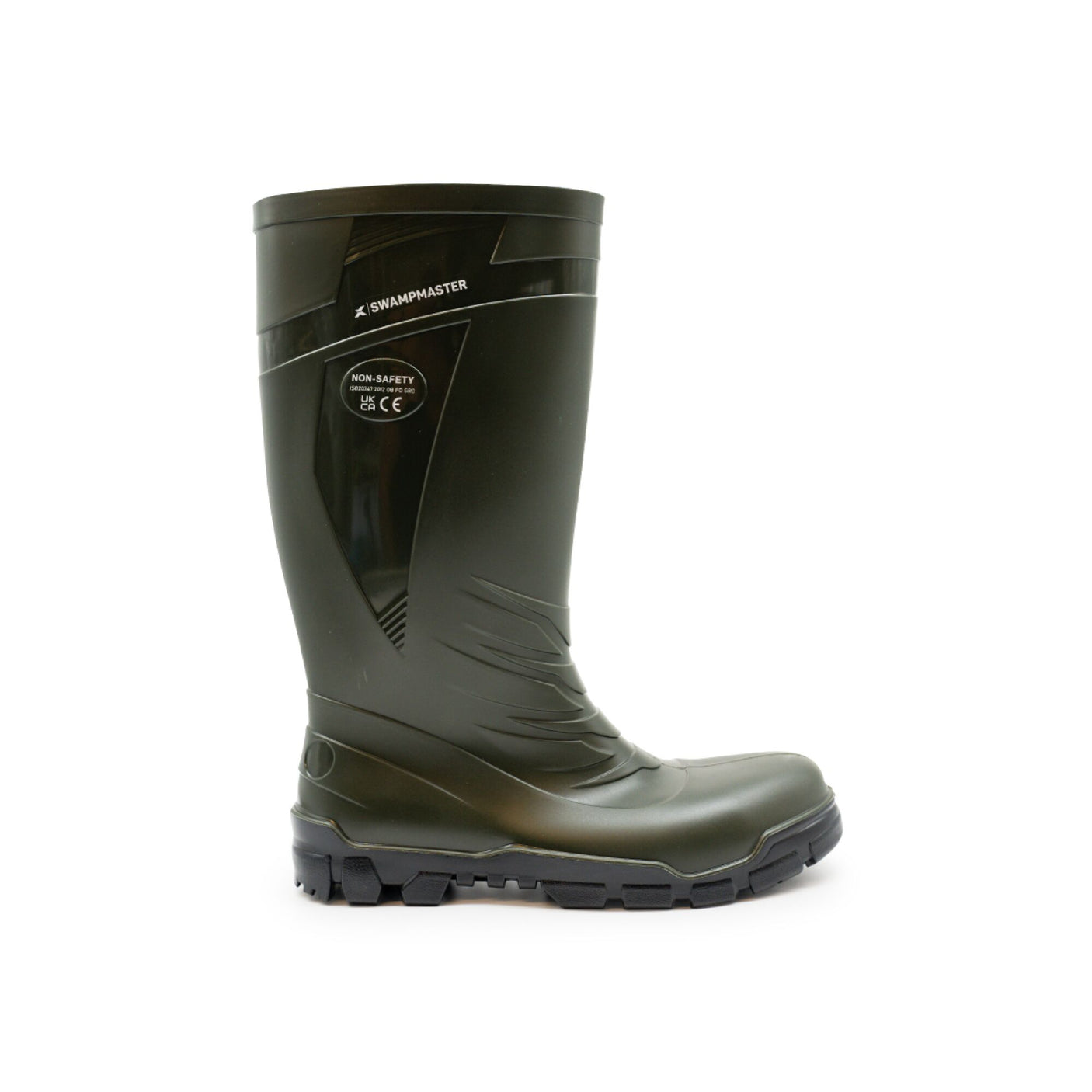 A single green knee-high boot with a reinforced toe, textured sole, and slip-resistant outsole from the brand Cottonmount, labeled "Swampmaster Vortex Non-Safety PVC Wellington Green.