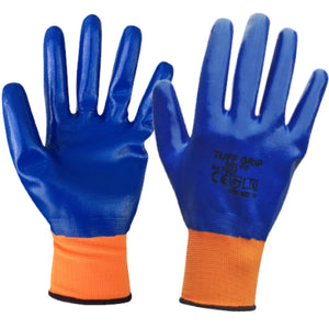 A pair of TufGrip Dry Fit Gloves in black with a comfortable and snug fit, branded as "Cottonmount," featuring visible safety certifications on one glove and boasting an oil- and waterproof nitrile coating.