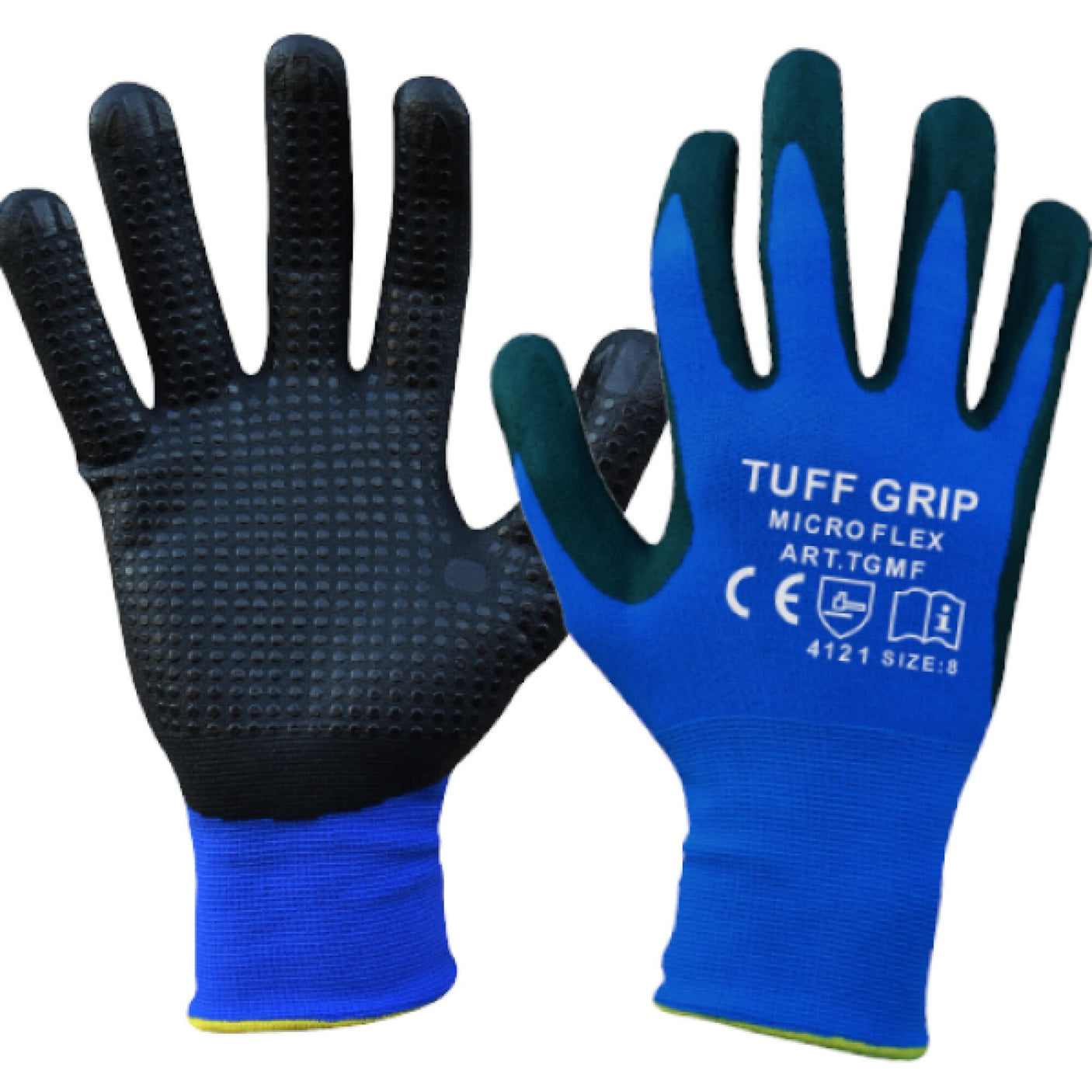 A pair of blue and black TufGrip Microflex Gloves by Cottonmount, featuring a lycra liner and raised micro dots, labeled "TUFF GRIP Micro Flex" with CE certification symbols visible on the back of one glove.