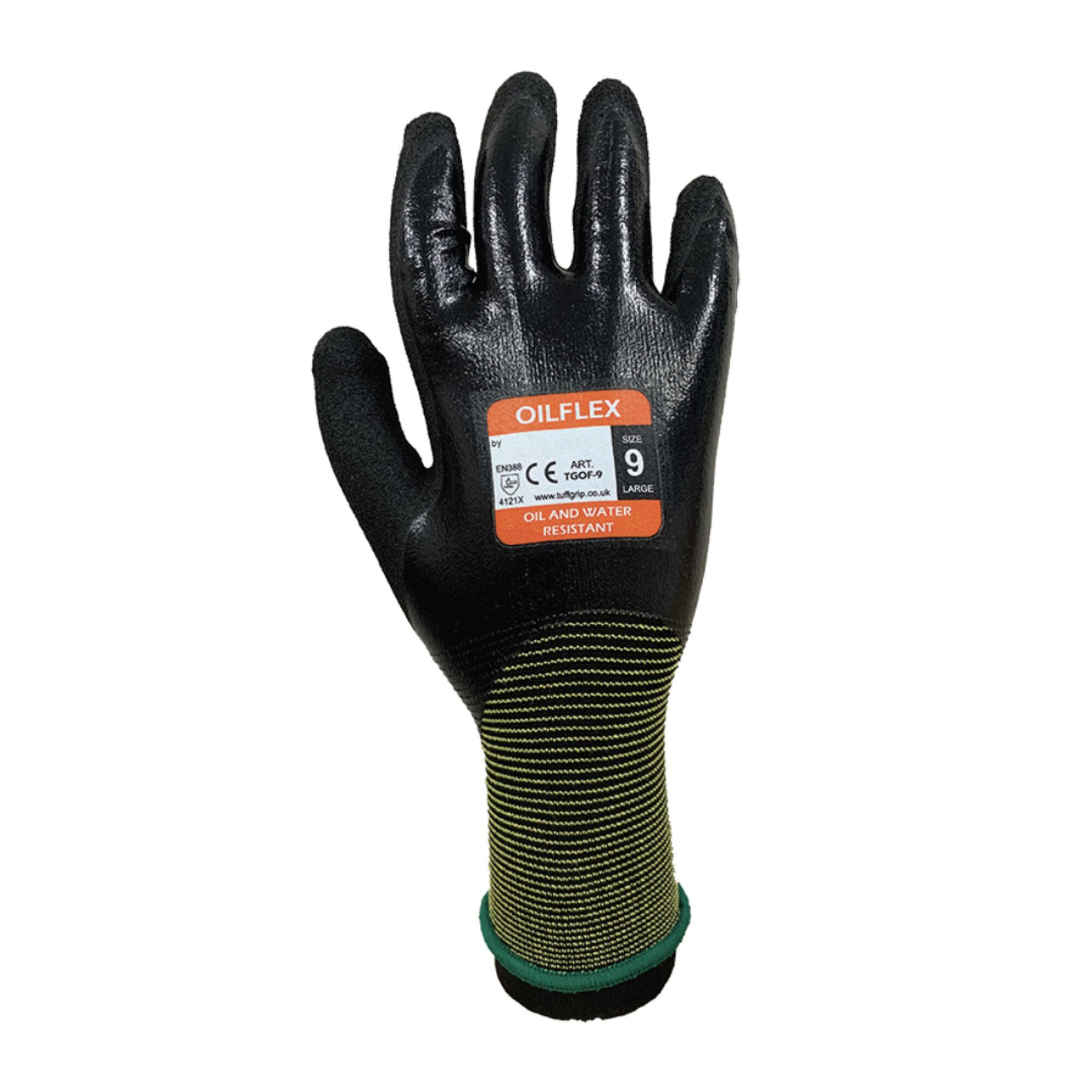 A black and green safety glove labeled "TufGrip Oil Flex Glove" by Cottonmount with a nitrile rubber coating for added durability, offering oil and water resistance, and featuring a size tag of 9 Large.