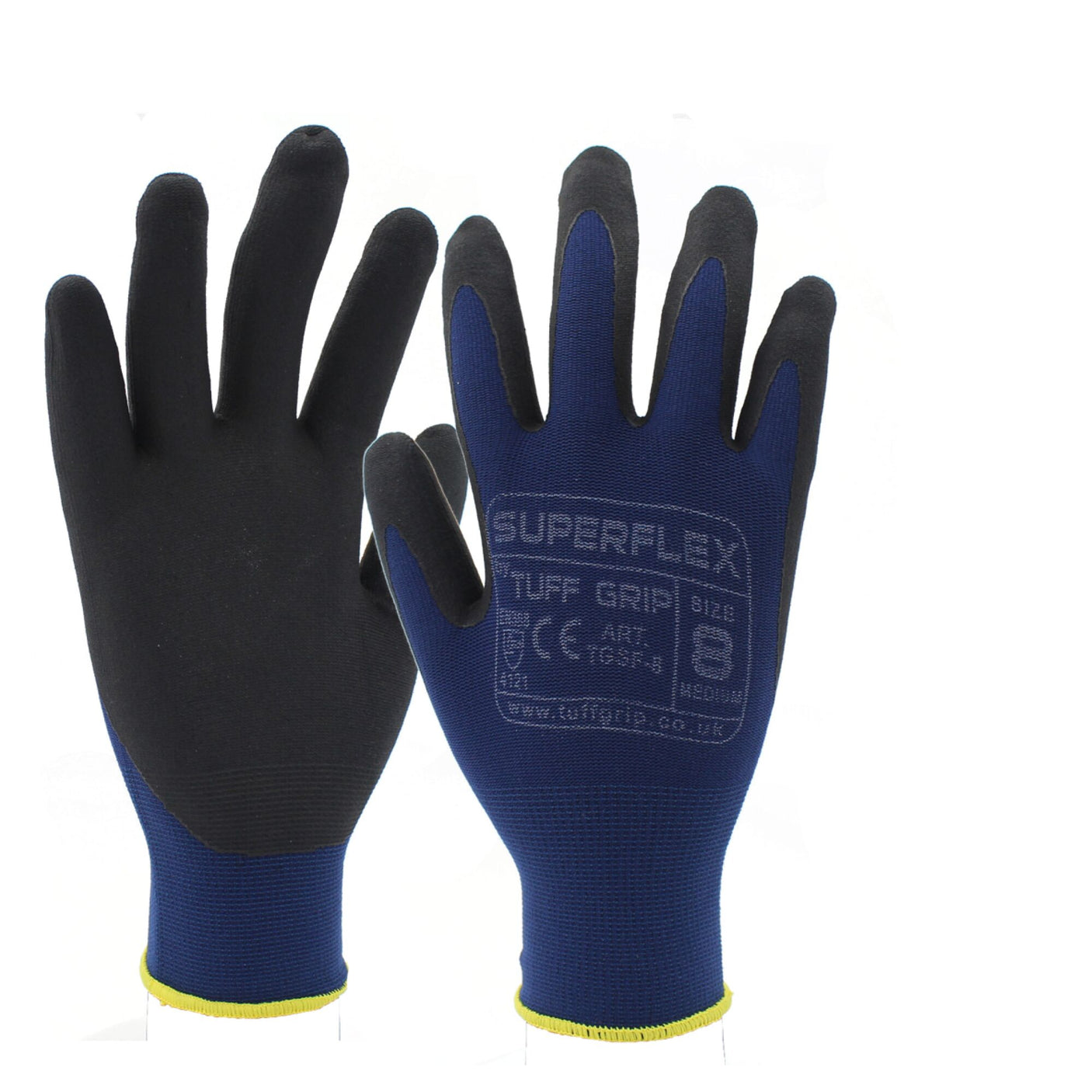 Two black and blue protective gloves labeled "TufGrip Superflex Glove" by Cottonmount in size 8, featuring a microfine foam finish. One glove is shown palm-up, while the other is shown back-up.