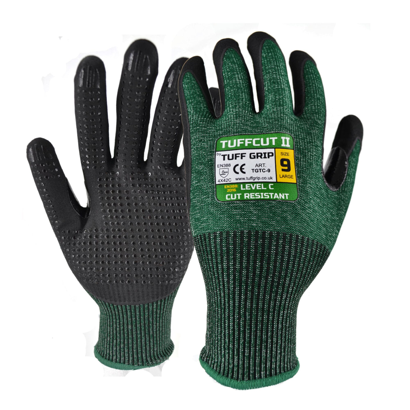 Two green cut-resistant gloves from the Cottonmount brand, labeled "TufGrip TufCut 2 Glove," featuring black textured fingers and palms. The gloves, enhanced with a durable PU coating, are shown in size 9 and marked with Level C cut resistance.