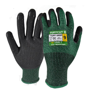 Two green cut-resistant gloves from the Cottonmount brand, labeled "TufGrip TufCut 2 Glove," featuring black textured fingers and palms. The gloves, enhanced with a durable PU coating, are shown in size 9 and marked with Level C cut resistance.