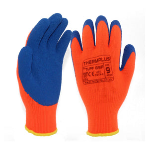 A pair of TufGrip Thermplus Gloves by Cottonmount in orange and blue with a rubber coating, thermal lining, size 9, and other specifications printed on one glove.