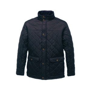 The Cottonmount Regatta Tyler Diamond Quilted Jacket in Navy features a high collar, button-up front, and two large front flap pockets with buttons, complete with Thermo-Guard insulation to keep you warm.