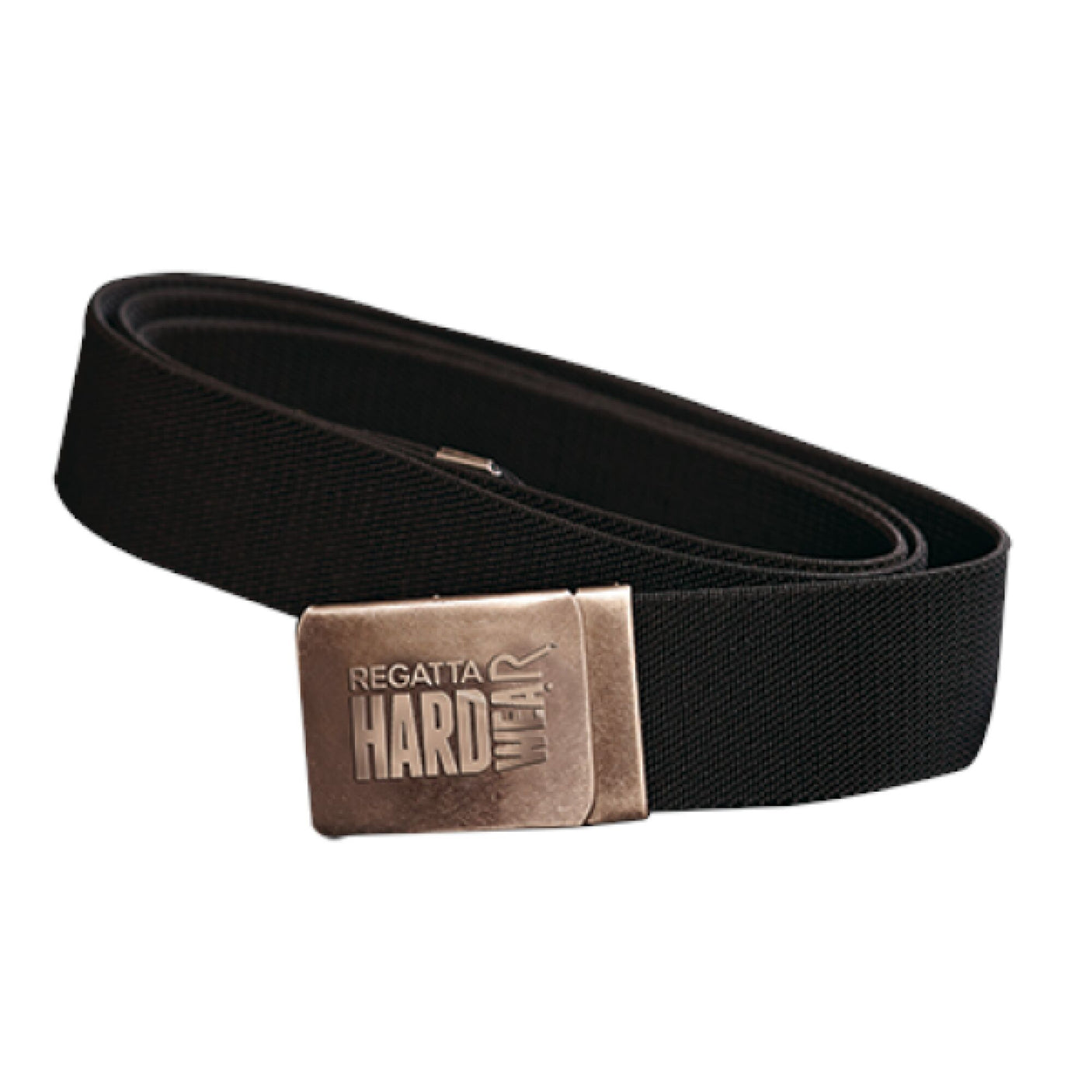 A black stretch belt from the Cottonmount brand, named Regatta Hardwear Workwear Belt Black, featuring a silver metal buckle engraved with the text "Regatta Hard Wear.