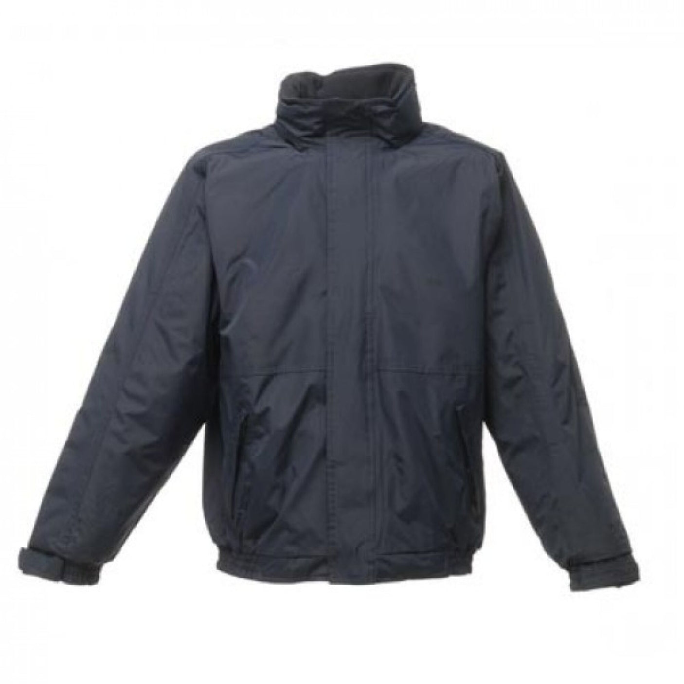 The Regatta Dover Jacket Navy by Cottonmount is a black, long-sleeved, zip-up waterproof jacket featuring a high collar, large front pockets, adjustable cuffs, and a straight hem made from windproof fabric.