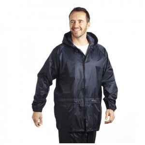 A person wearing the Regatta Stormbreak PVC Waterproof Jacket in navy, by Cottonmount, stands against a plain white background, smiling and looking slightly to the side. The Hydrafort polyester material and adjustable drawcord ensure they stay dry and comfortable.