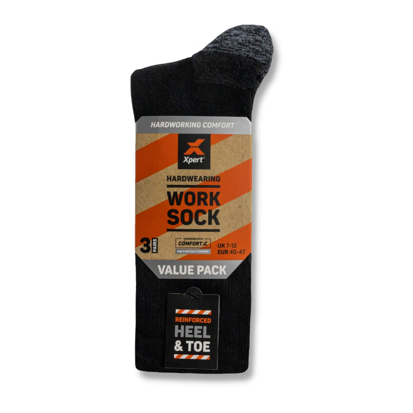 Introducing the Xpert Core Comfort Work Sock by Cottonmount. This single pair of black work sock is suitable for UK sizes 7-12 and EUR sizes 40-47, offering cushioned lining alongside a reinforced heel and toe for enhanced comfort and durability.