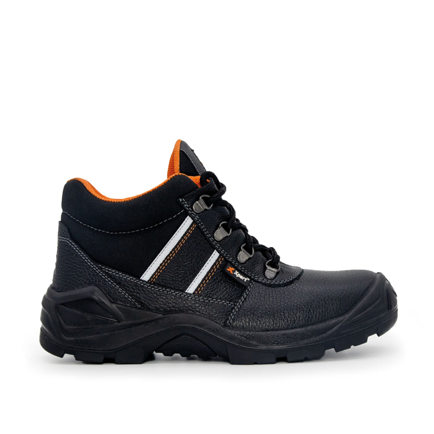 The Xpert Force S3 Safety Contract Boot in Black by Cottonmount features a textured Quality Leather upper, a lace-up closure, reflective stripes on the side, an orange interior lining, and an S3 safety rating.