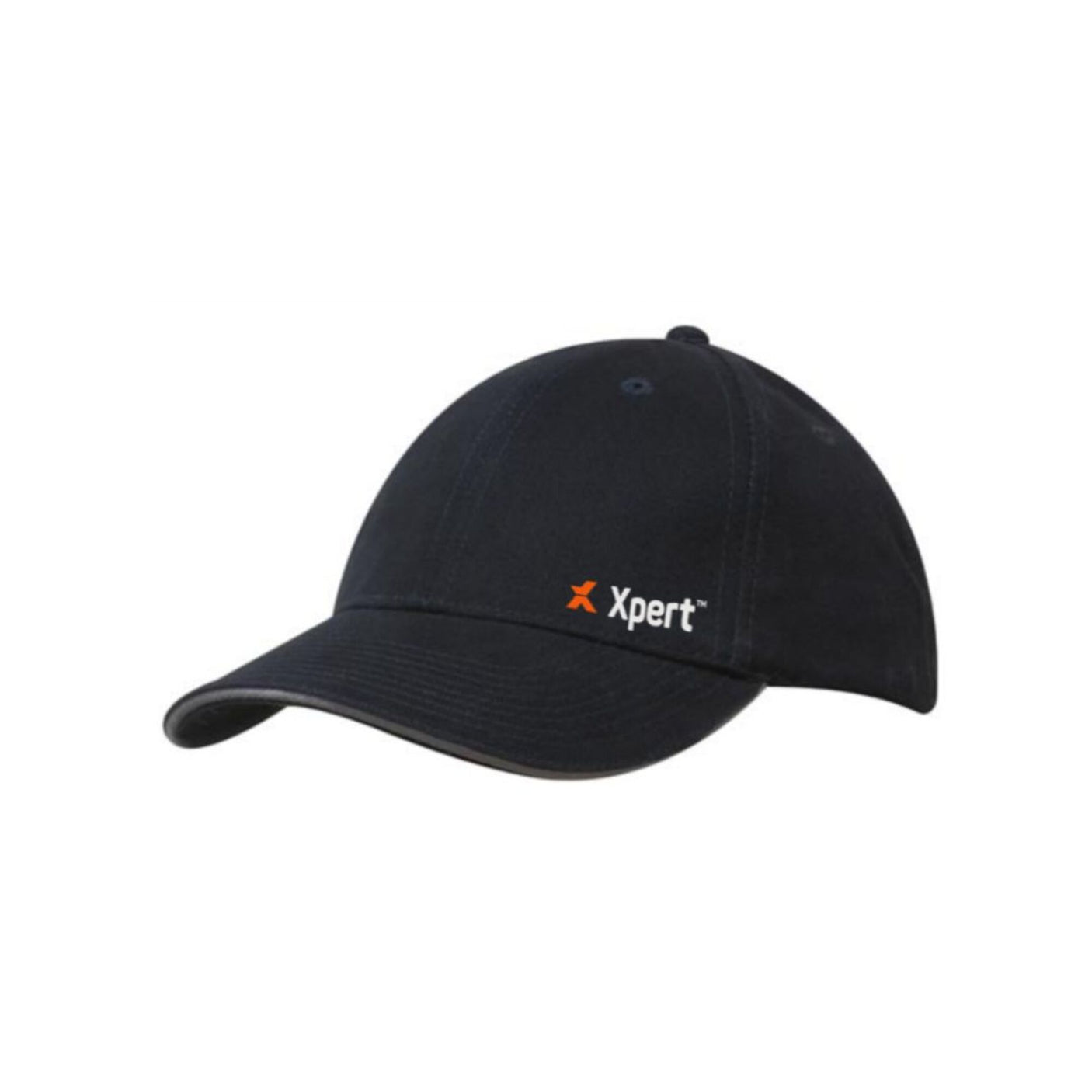 Navy baseball cap with an orange and white "Xpert" logo on the front, crafted from brushed cotton by Cottonmount for a modern fit.