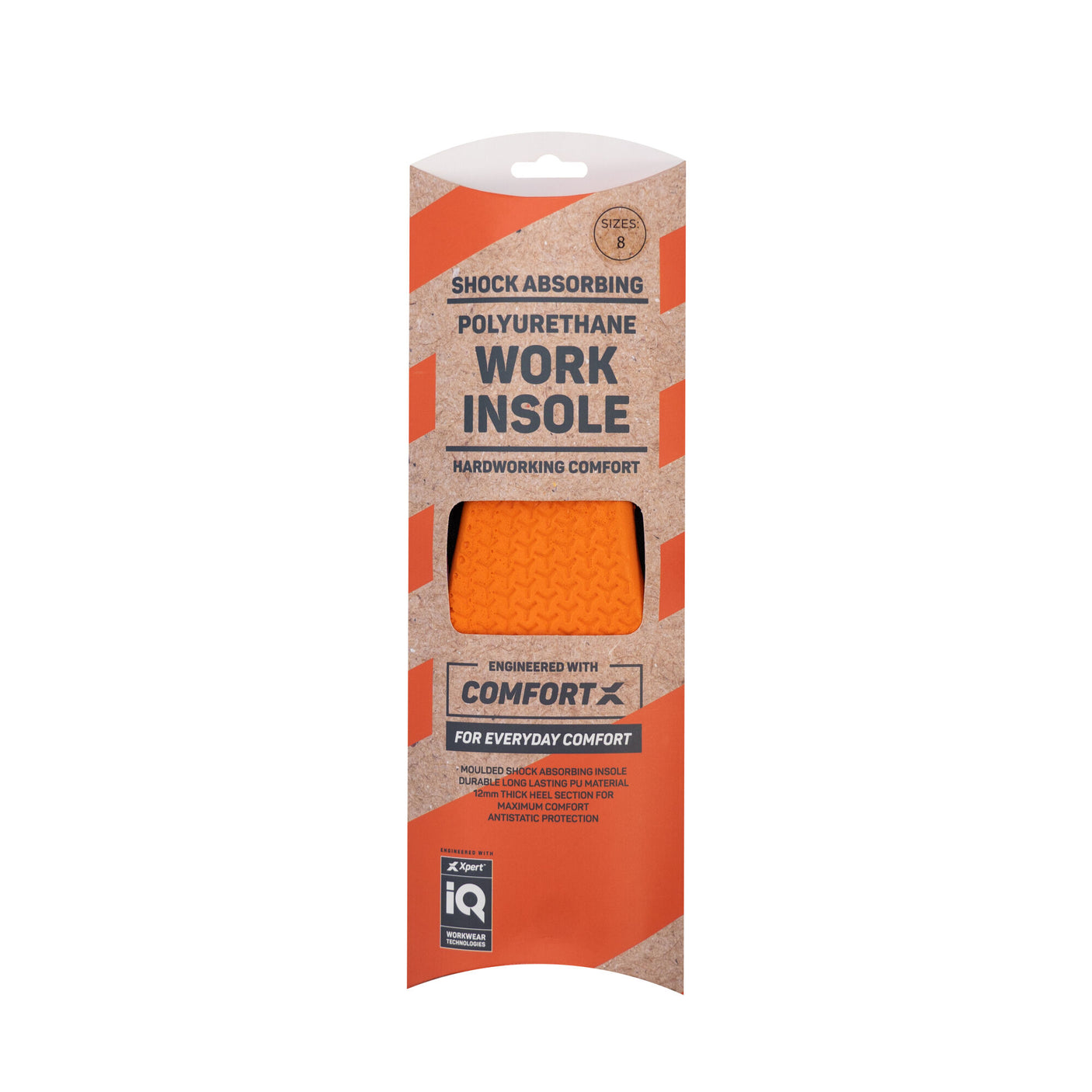 Image of a packaged Xpert Shock Absorbing Polyurethane Work Insole by Cottonmount. The packaging highlights features such as shock absorption, antistatic protection, and a comfort design, suitable for everyday use. The black polyurethane work insole is size 8.