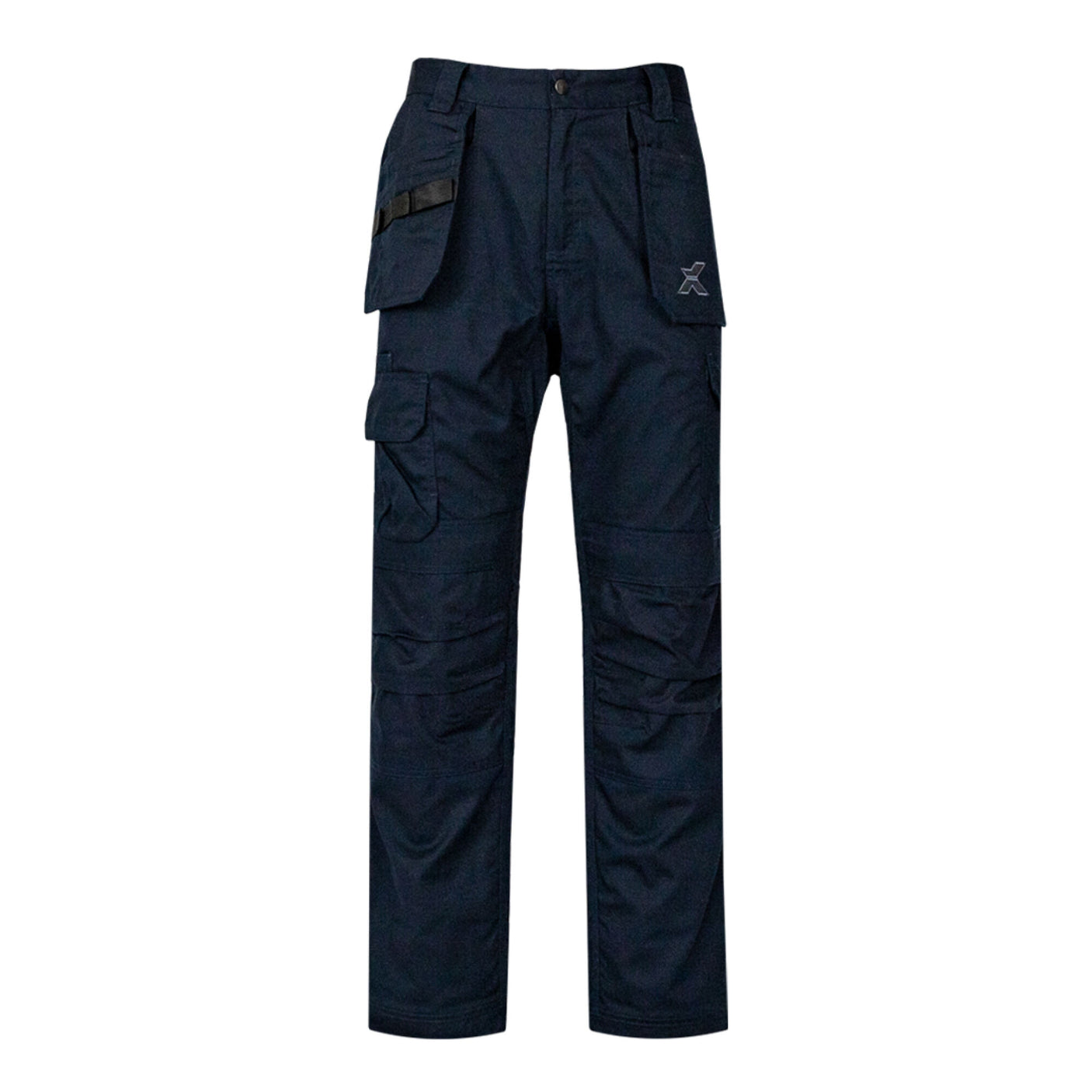 A pair of Xpert Core Work Trousers in navy from Cottonmount, featuring a modern fit and multiple pockets, including two side pockets, a flap pocket on the left thigh, and holster pockets.