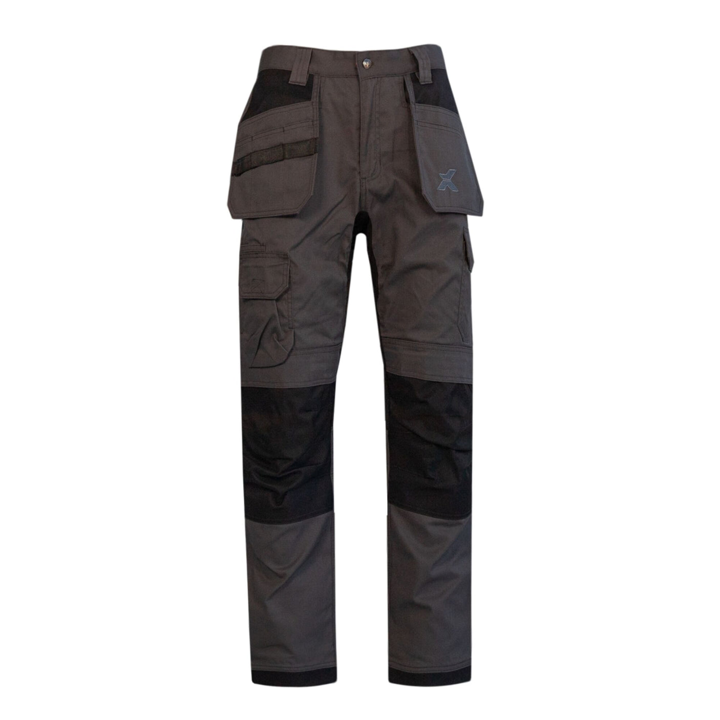 The Cottonmount Xpert Core Stretch Work Trouser Grey/Black features gray multi-pocket pants with black reinforced knees and a small logo on the upper left leg, displayed against a plain white background. These durable workwear trousers boast 360° stretch panels for maximum flexibility and comfort.