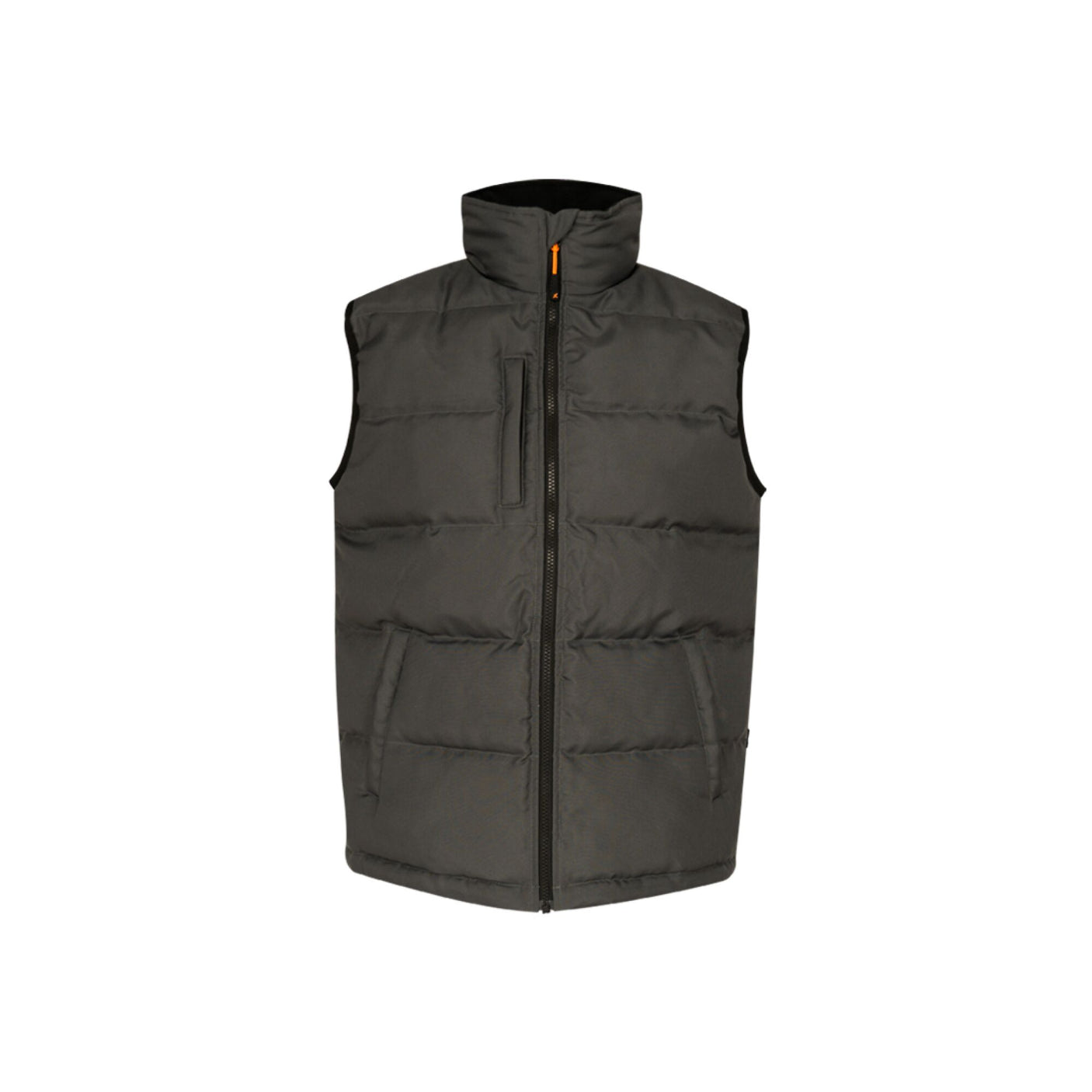 The Xpert Core Padded Work Bodywarmer Grey by Cottonmount is a grey sleeveless padded vest with a high collar and zippered front. It features two side pockets and a chest pocket, all with zippers. Made from durable outerwear, it's perfect for versatile use.