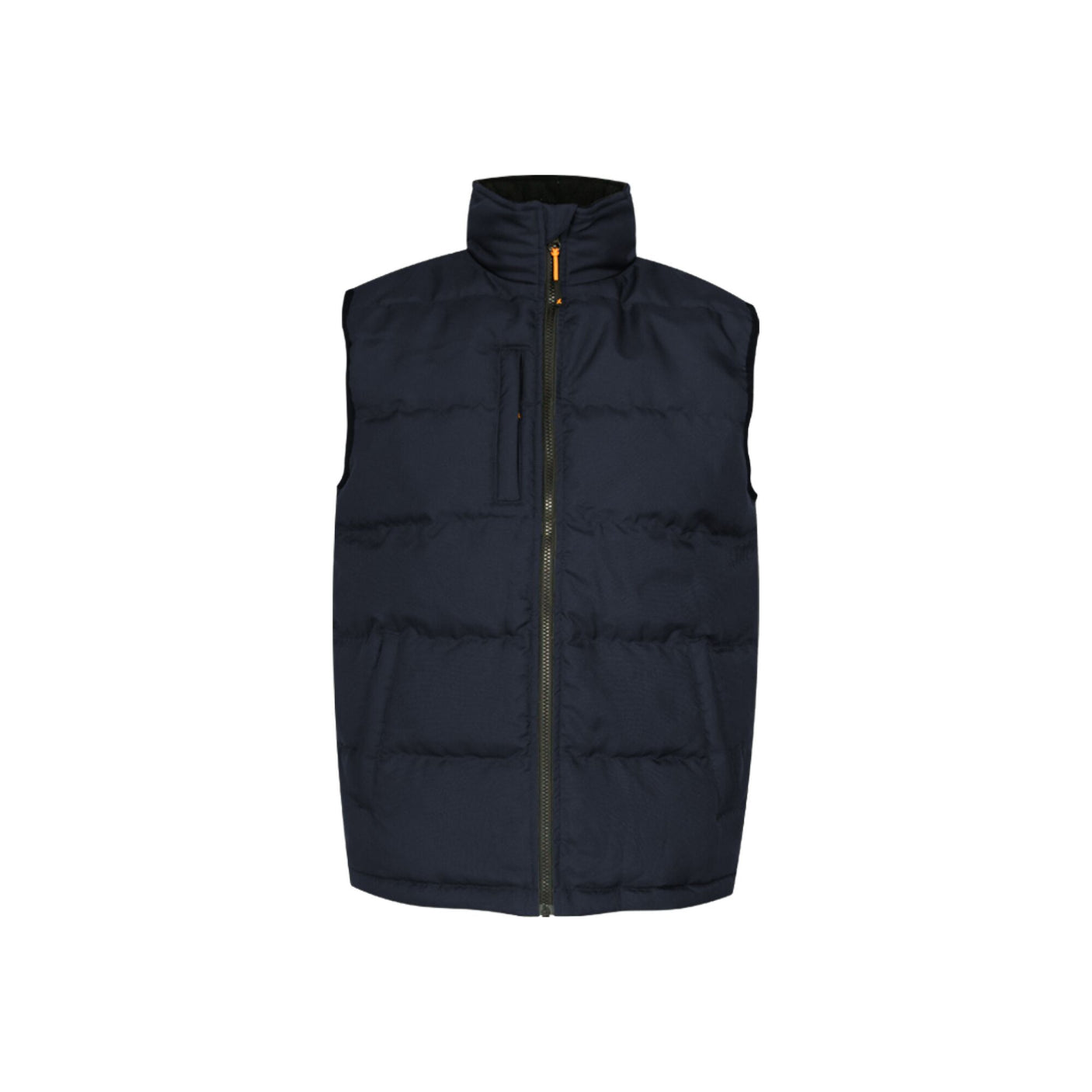 A durable navy puffer vest with a high collar and front zipper, featuring a zippered chest pocket on the left side. This Cottonmount Xpert Core Padded Work Bodywarmer is also water-repellent, making it perfect for any weather conditions.