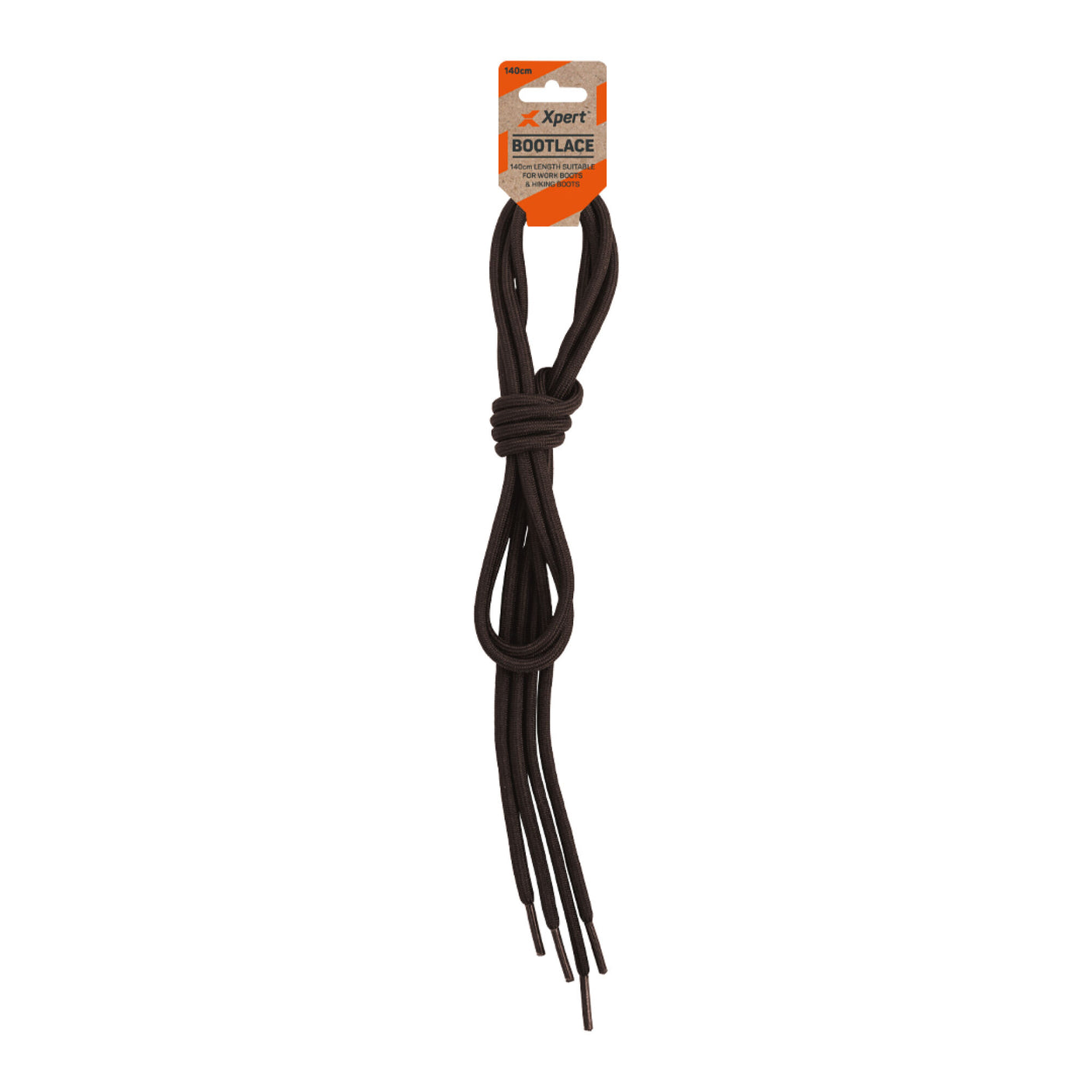 A long, brown bootlace made from durable polyester is tied in the middle and packaged with an orange label reading "Cottonmount Xpert Hard Wearing Boot Laces Brown," perfect for securing your hiking boots.