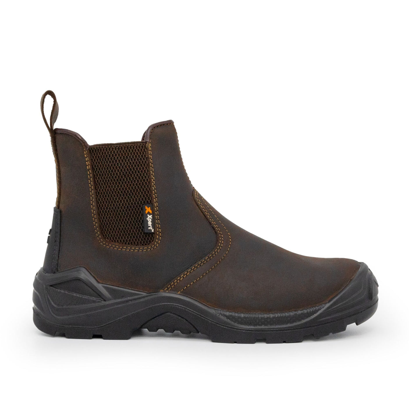 The Cottonmount Xpert Defiant S3 Safety Dealer Boot in brown features a black sole, reinforced toe, elastic side panels, and pull tabs at the heel and front. This slip-on boot offers both comfort and protection for demanding work environments.