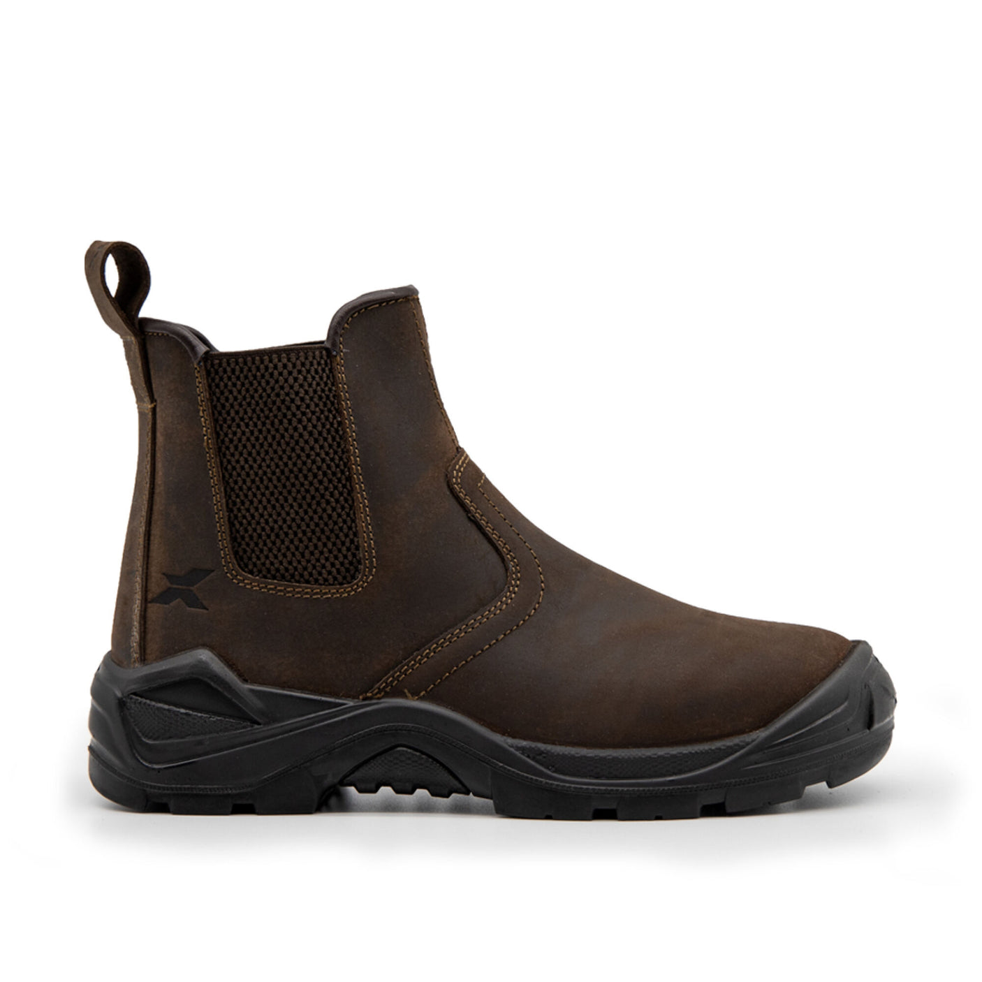 Side view of Cottonmount's Xpert Tempest Non-Safety Dealer Boot in dark brown, featuring slip-on design with elastic side panels, a pull tab at the back, black rugged sole, and crafted from quality leather.